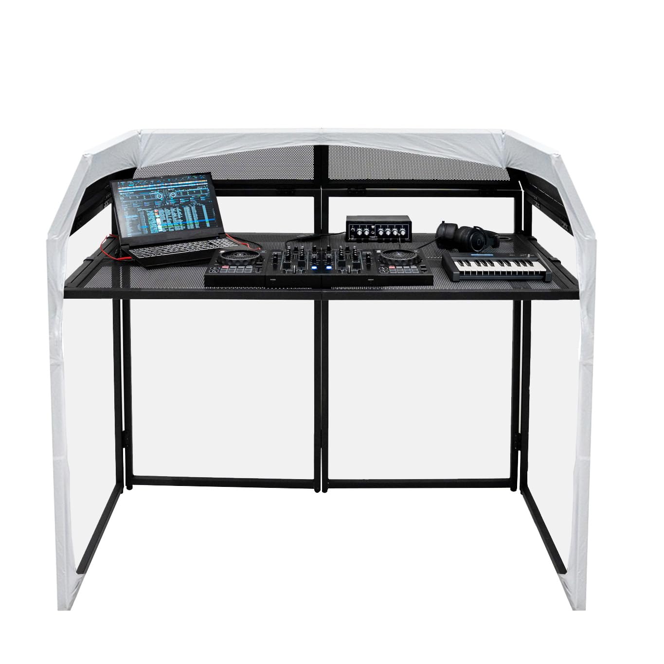 Pieghevole Booth DJ Professionale Struttura Metallica Ripiano Mixer Ampio Coperture Intercambiabili Bianco Nero Ganci Sicurezza Pannelli Mesh Borsa Trasporto