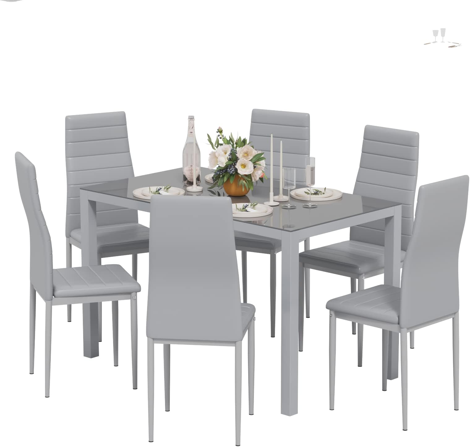Dining Table and Chairs Set of 4,Glass Grey Kitchen Table and 4 Faux Leather Padded Chairs