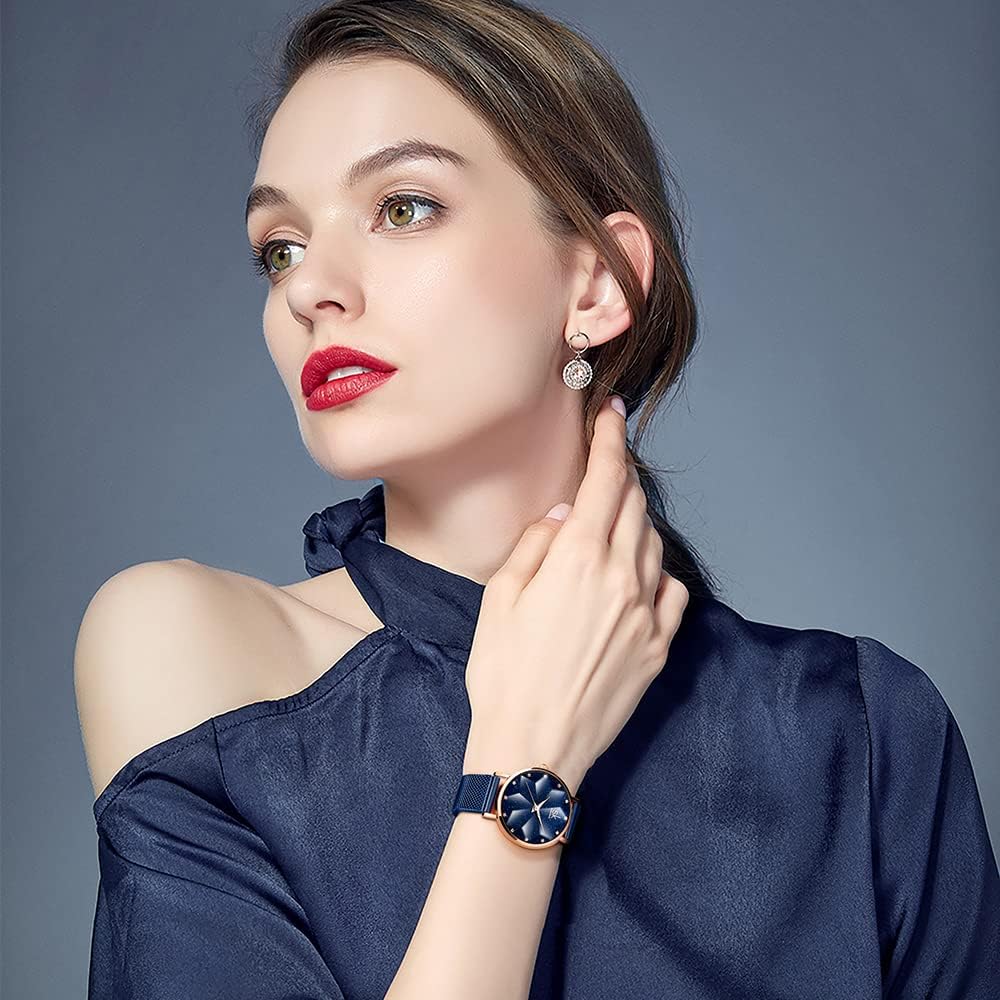 SHENGKE Creative Ultra Thin Minimalist Starry Sky Flower Dial Women Watch with Stainless Steel Mesh Band Genuine Leather Elegant Women Watches