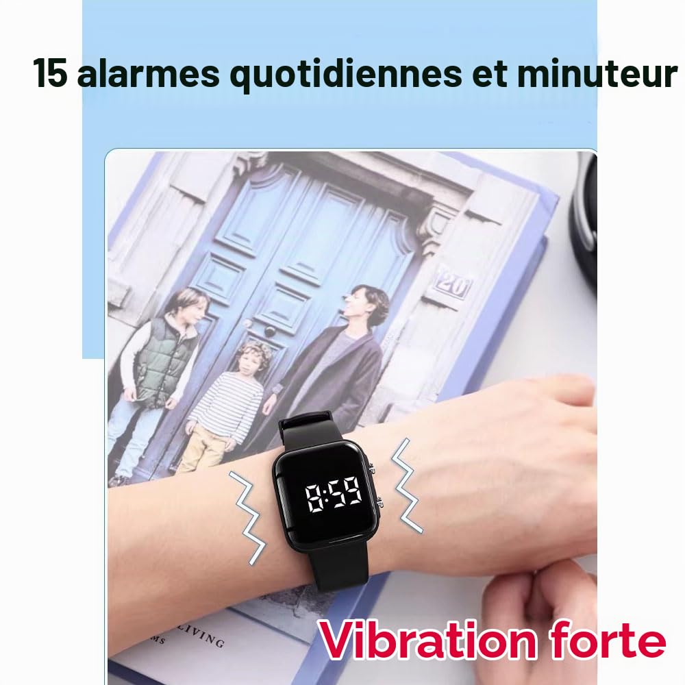 Montre avec alarme vibrante, bracelet d'apprentissage de la propreté, montre rechargeable avec minuterie et 15 alarmes quotidiennes