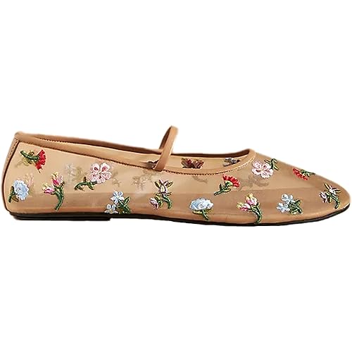 Nude Mesh Ballet Flats for Women Embroidered Floral Round Toe Mary Jane Flats Casual Comfortable Ballerina Flats with Strap