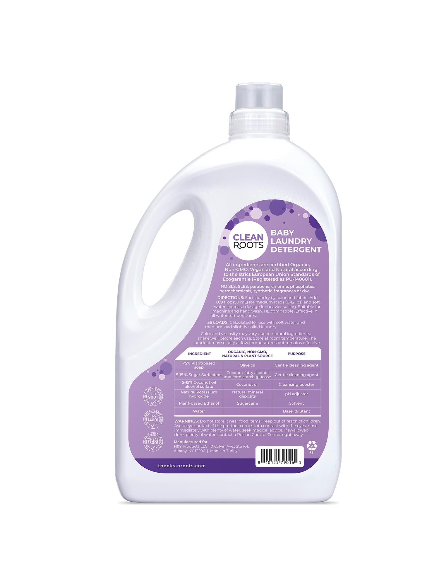 Detergente para ropa de bebé, certificado EcoGarantie 100% orgánico y natural, sin aroma e hipoalergénico, dermatológicamente probado y aprobado, 55 cargas, 92.9 fl. oz (2.75 L)