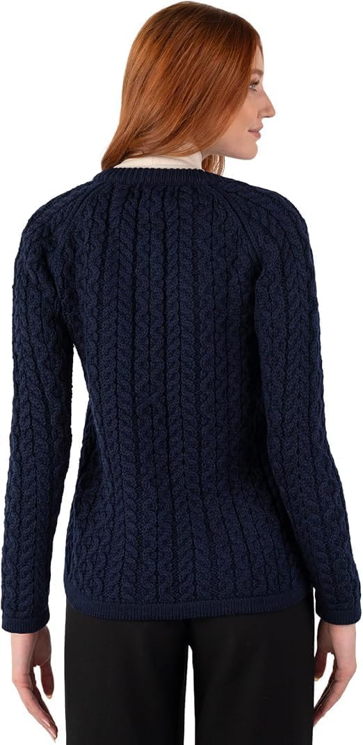 Irish Aran Wool Lumber Cardigan for Women's with Buttons and Pockets Made in Ireland (US, Alpha, Small, Regular, Regular, Navy.)