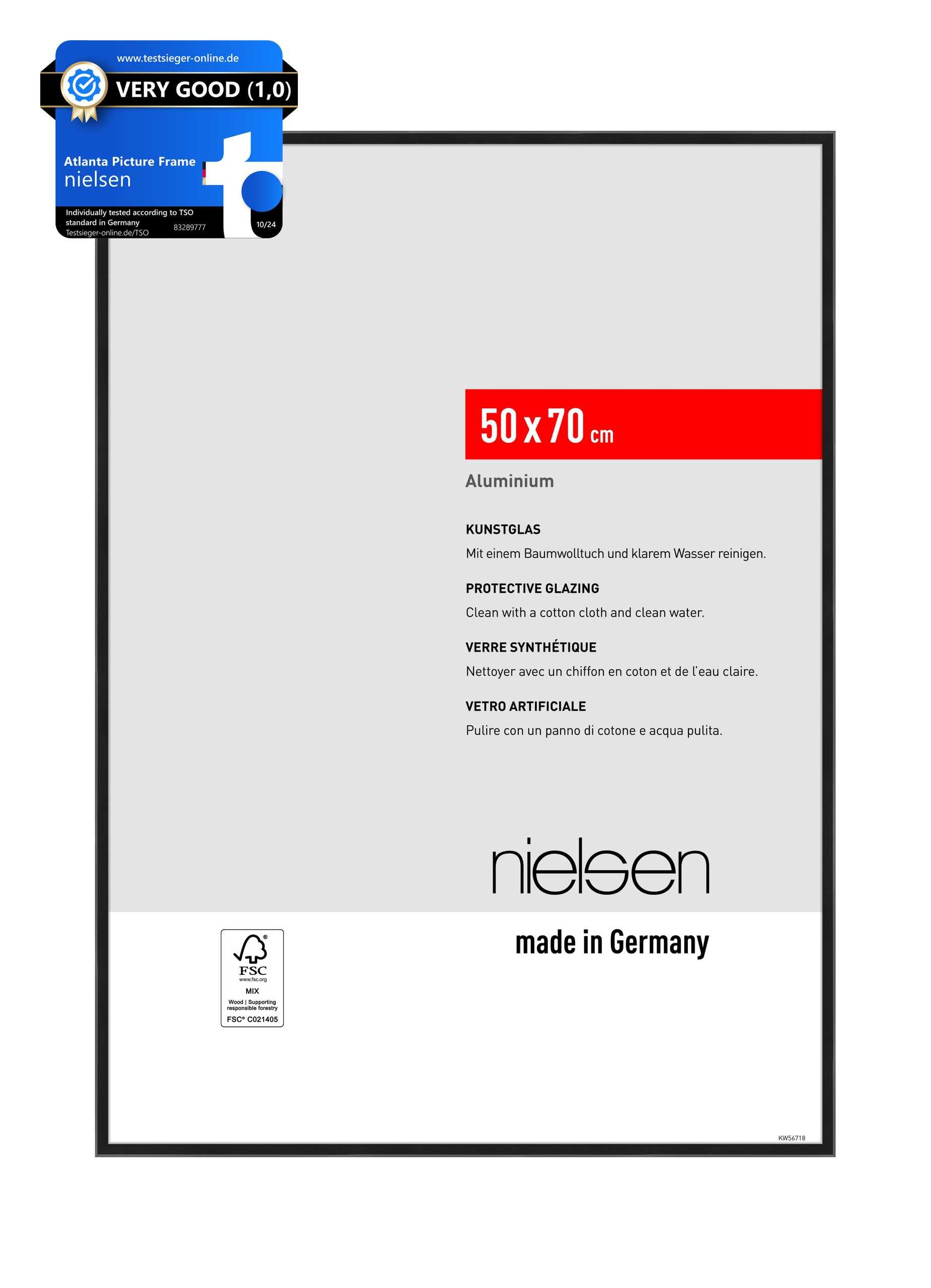 nielsen Atlanta Aluminium Picture Frame - Frosted Black 50x70cm - with Synthetic Glass and Push-Turn Clips