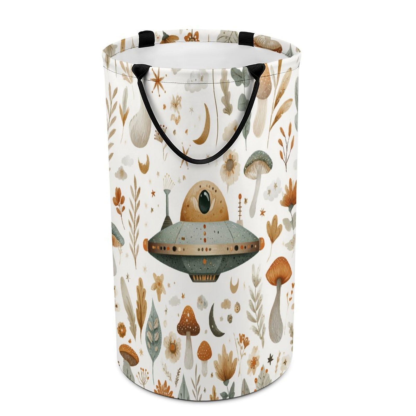 LUYYSKY Cute Funny Alien Spaceship Versatile Storage Laundry Basket, Fantasy Vintage Moon Botanical Plants Mushroom Flowers Large Capacity Bathroom Hamper With Handle
