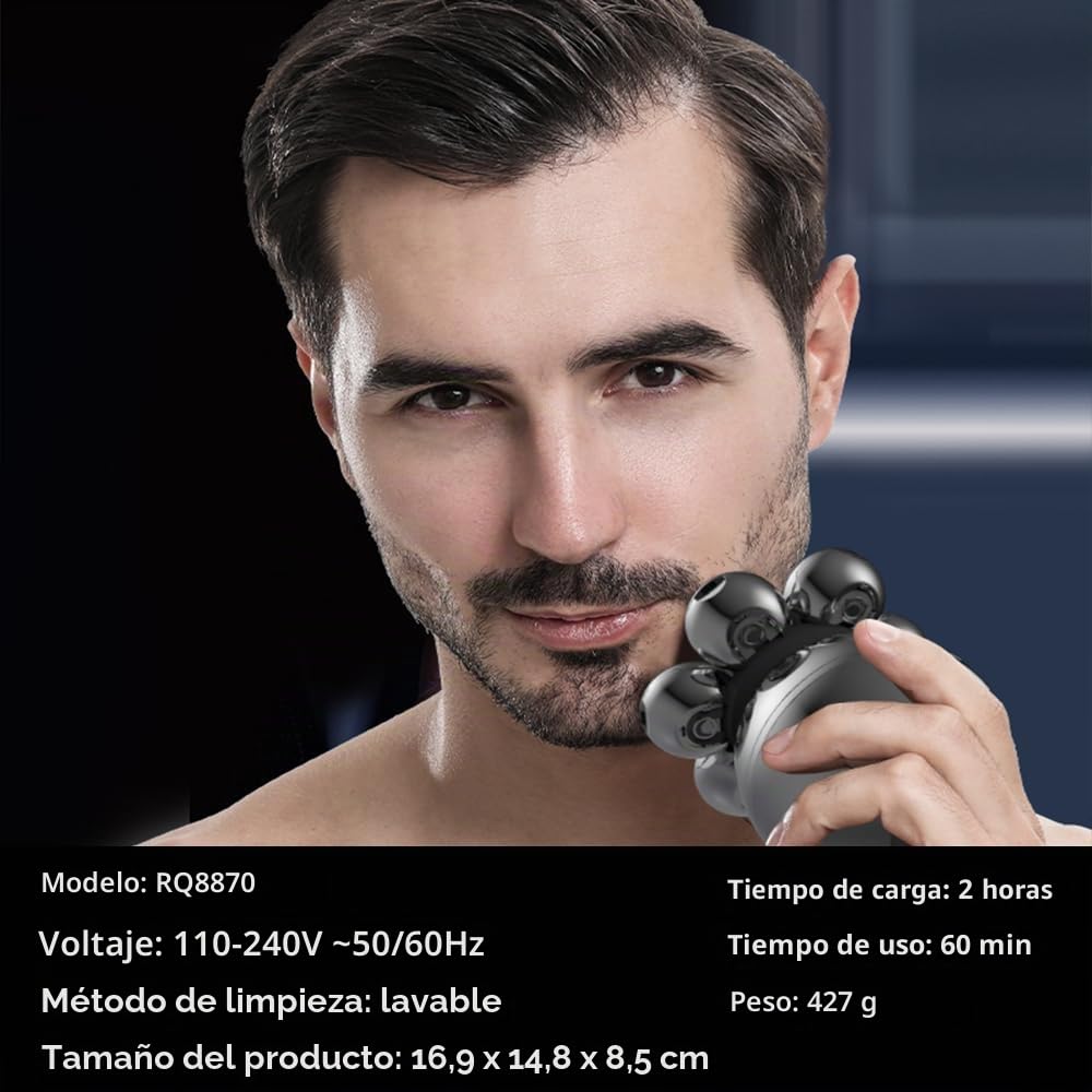 Afeitadora Cabeza Hombre, 6 en 1 Maquina Afeitar Hombre para Calvo, Afeitadora Eléctrica Hombre, 7D Cabezales Maquina para Afeitar Cabeza en Seco y Húmedo con Pantalla LED, IPX6 Impermeable, USB-C