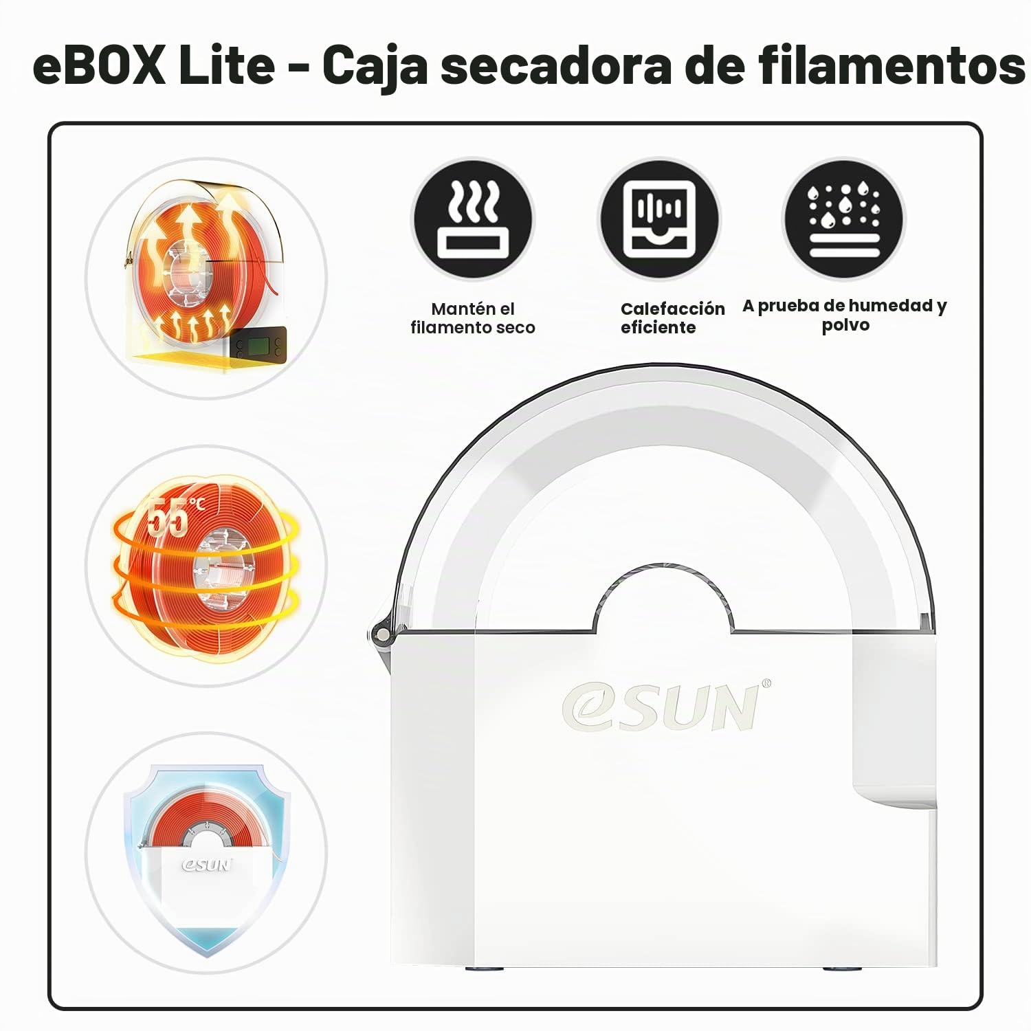 eSUN eBox Lite Actualizado Caja Secadora de Filamento para Impresora 3D, Caja Secado Almacenamiento, Mantener Filamento Seco Durante Impresión 3D, Compatible con Filamento 1.75mm, Soporte de Carrete