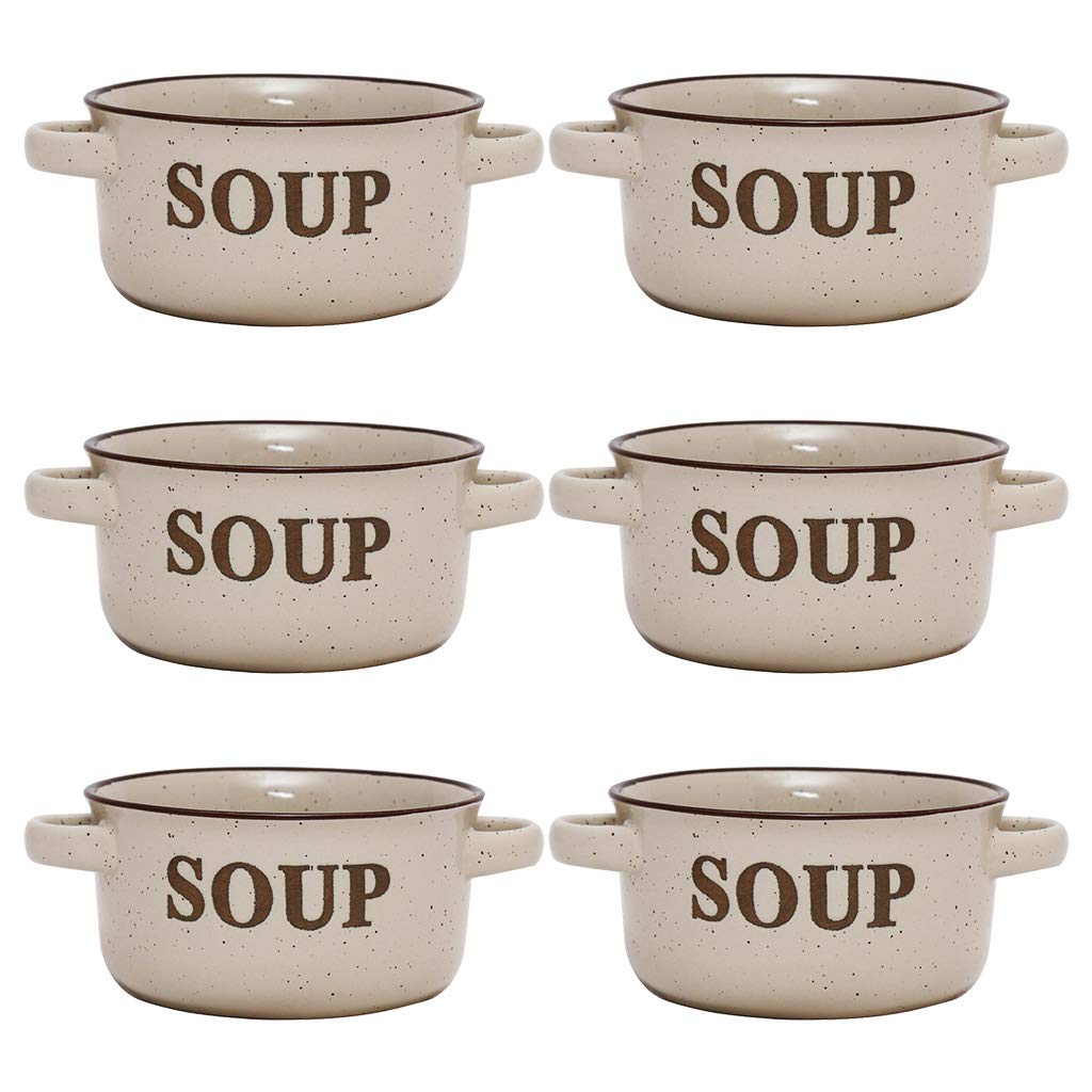 Dibor Set of 6 Ceramic Beige Stoneware Soup Bowl Dishes with Handles