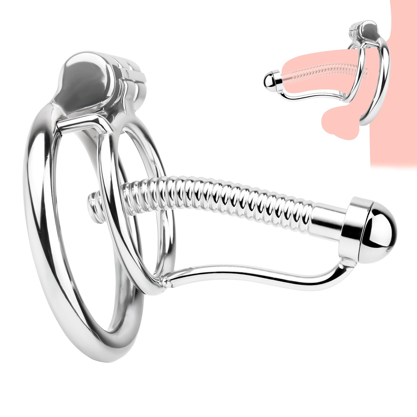 Wearable Stainless Steel Chastity Cage Adult Toys with Penis Plug Chastity Ring Sex Toys - Catheter Long Breathable Chastity Devices for Sissy Male Sex Toys BDSM Kit(L) Ring size 50mm L Size - Penis Plug Length 65mm