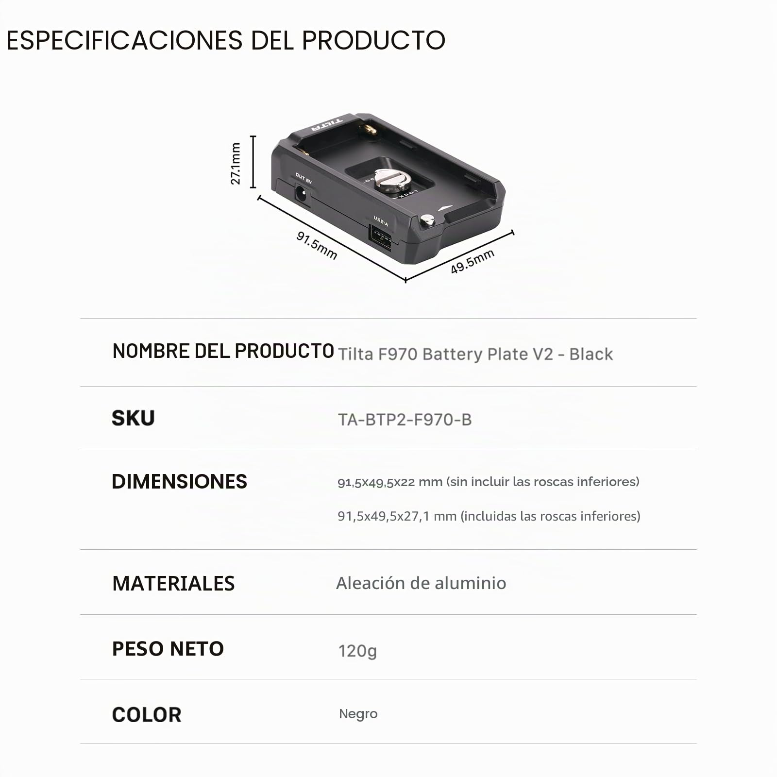 Tilta Placa de batería F970 V2 compatible con baterías NP-F Diseño antideslizante - Negro TA-BTP2-F970-B