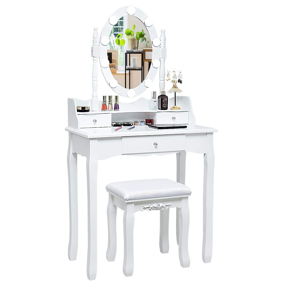 GYMAX Toeletta da Trucco, Illuminata con 10 Lampadine di LED, 3 Cassetti per Cosmetici, Specchiera Staccabile, Sgabello in Spugna, Set Mobile da Camera, Moderno ed Elegante, 75x40x143,5 cm, Bianco