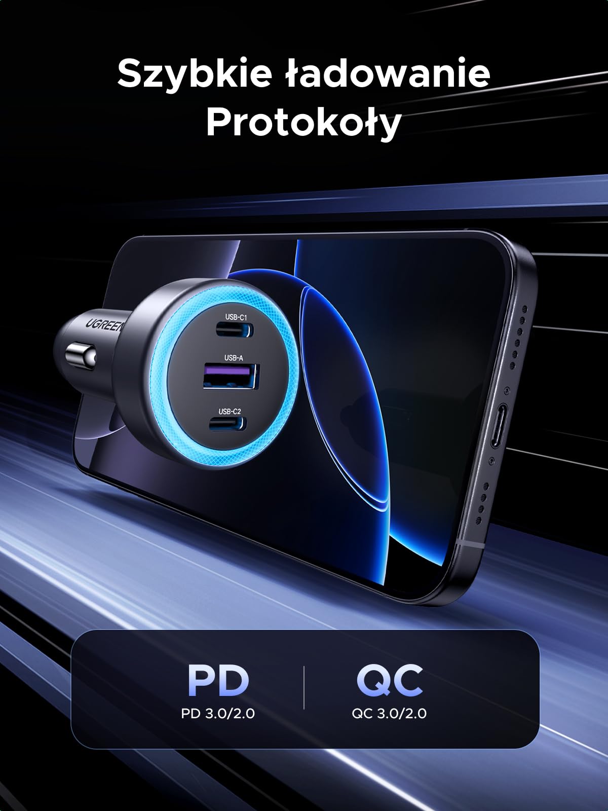 UGREEN 3-portowa zapalniczka samochodowa USB C PD30W ładowarka samochodowa 12V ładowarka samochodowa USB C akcesoria samochodowe kompatybilne z iPhone 17/17 Pro/17 Pro Max/16/15, ipad, S25, GPS itp