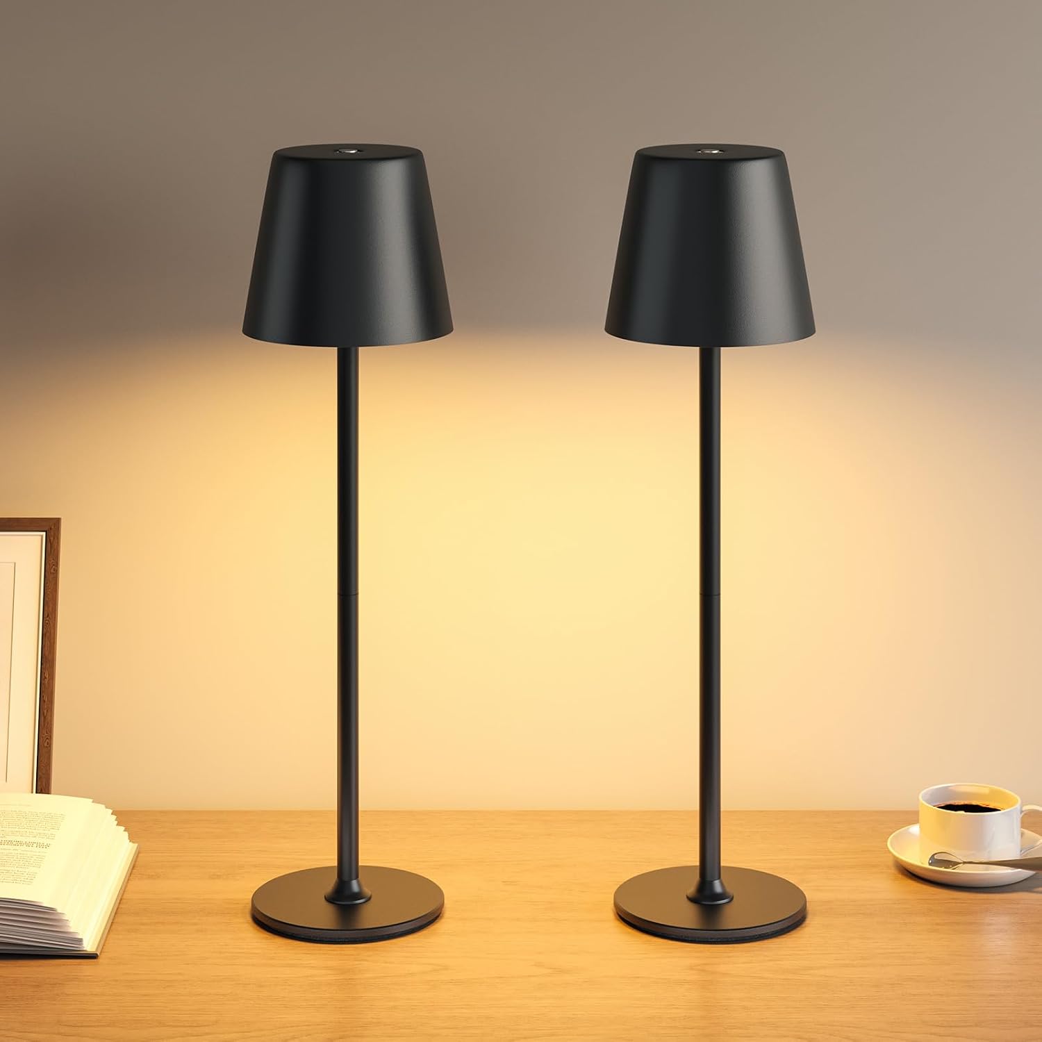 LED Tischlampe Kabellos 2 Stück, Dimmbare Nachttischlampe Touch, Akku Tischleuchte Kabellos, Indoor Outdoor Tischlampe Akku, 3-stufig Warmlicht, IP54 Wasserdicht, Vollmetallgehäuse, Schwarz 2 Stück,schwarz