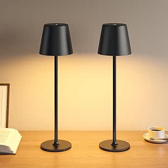 LED Tischlampe Kabellos 2 Stück, Dimmbare Nachttischlampe Touch, Akku Tischleuchte Kabellos, Indoor Outdoor Tischlampe Akku, 3-stufig Warmlicht, IP54 Wasserdicht, Vollmetallgehäuse, Schwarz