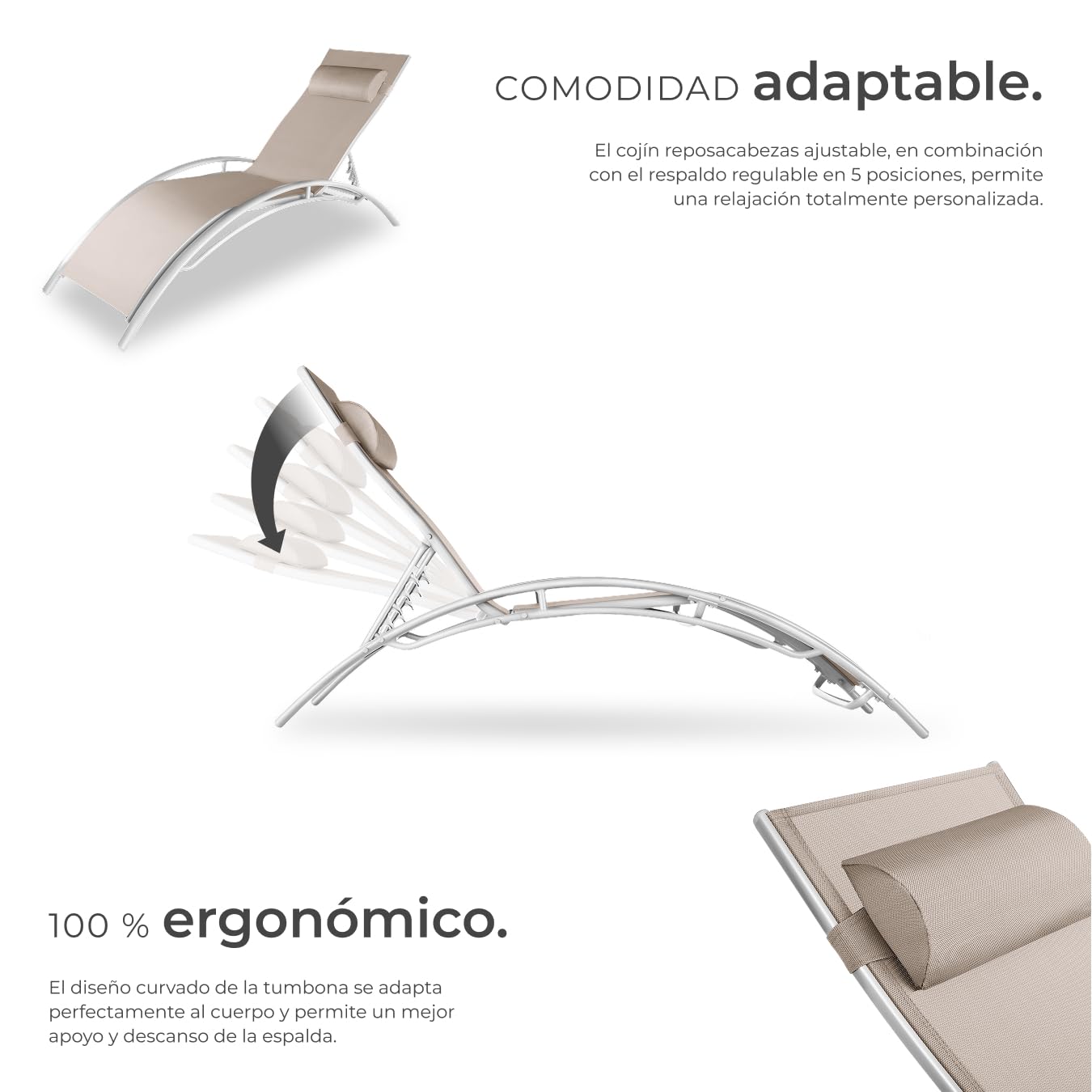 tectake® Set de 2 Tumbonas Jardín Exterior, Tumbona con Reposacabezas para Playa y Reclinable en 7 Posiciones, Tumbona Piscina en Aluminio, Carga Máx. 120 kg, Fácil Montaje - Beige