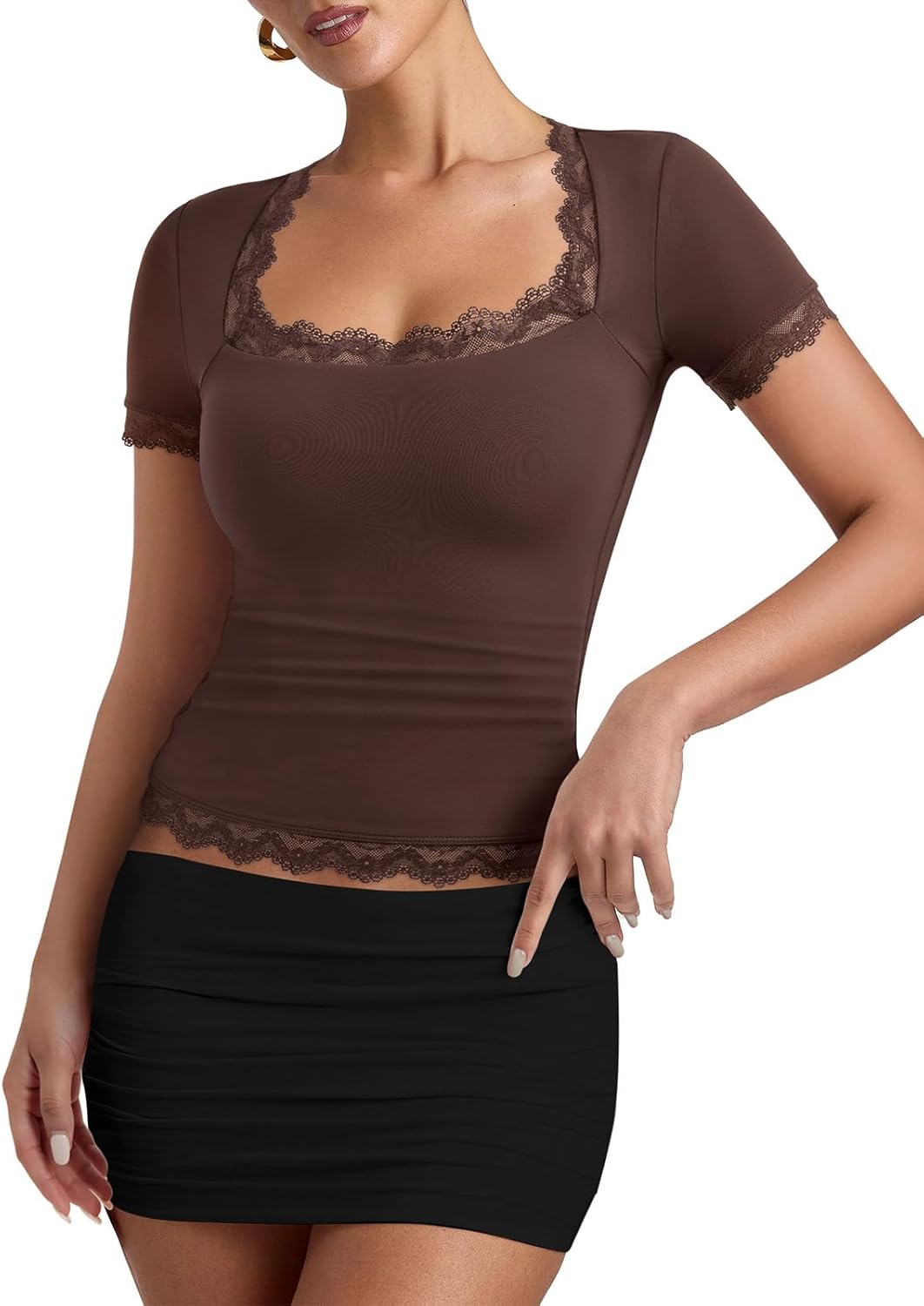 REORIA Womens 2025 Fall Fashion Square Neck Lace Long Bell Sleeves Shirts Double Lined Casual Slim Fit Tops