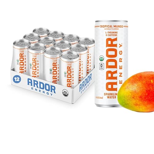 ARDOR Mango tropical, agua con gas funcional con cafeína orgánica de té verde (energía) y L-teanina orgánica (Focuscalma). Sin azúcar, cero