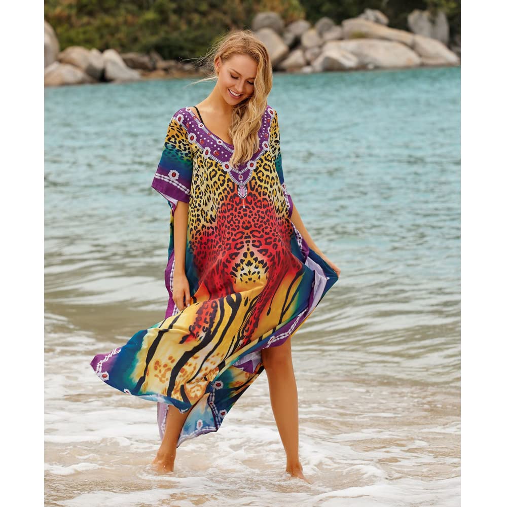 Donna Kaftan Lungo Abito da Spiaggia Maxi Bohemien Parei Copricostumi Copribikini Cover ups Scollo a V