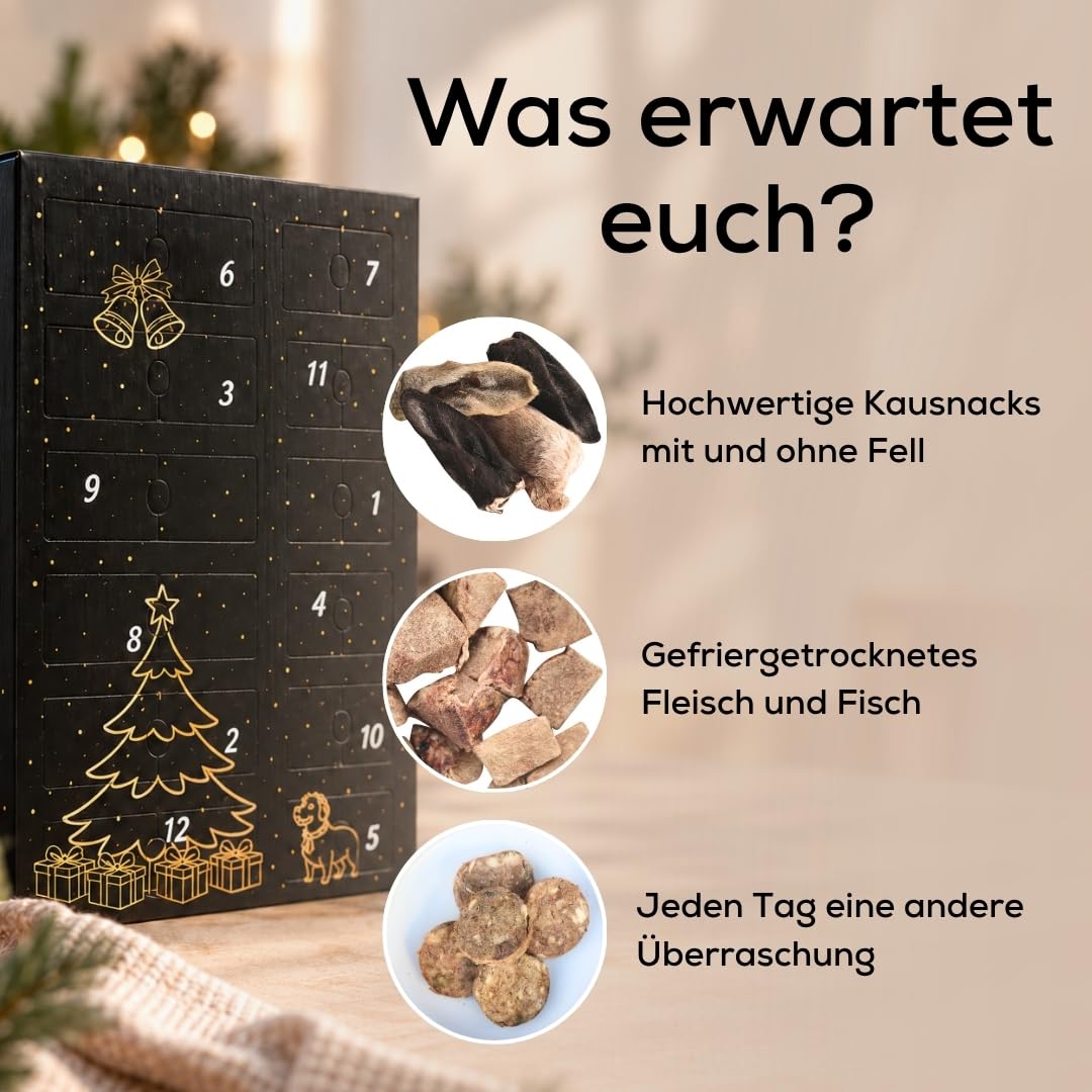 XXL Adventskalender für Hunde, 24 Verschiedene Überraschungen aus 100% Fleisch ohne Zusätze, Snacks, Kauartikel und Leckerlies