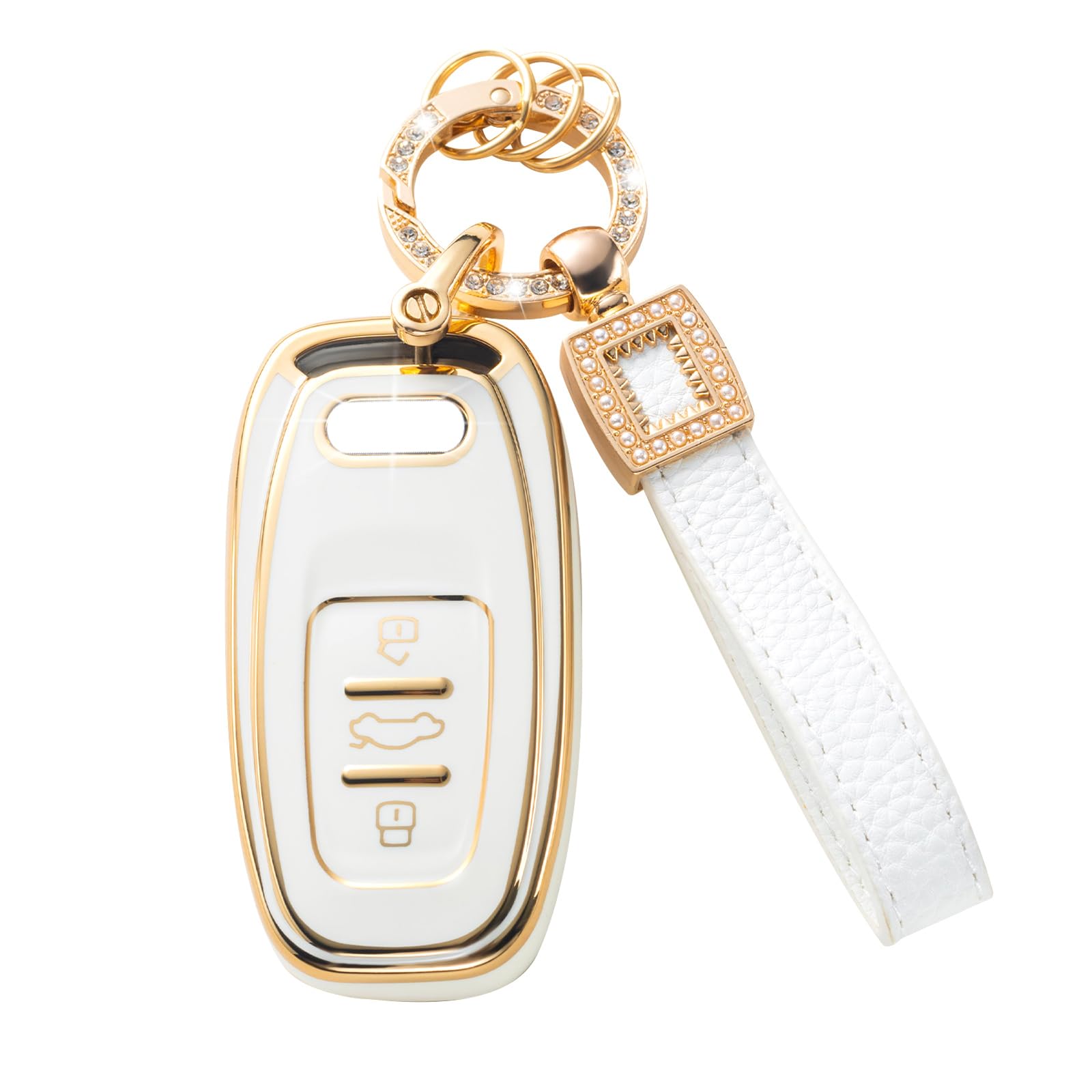 for Audi Key Fob Cover with Leather Lanyard, Car Key Fob Case Compatible  with R8 Q5 Q7 S3 S4 S5 S6 S7 S8 SQ5 RS5 RS7 A4 A5 A6 A7 A8 Smart Key