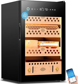 60L Electric Cigar Humidor with Temperature & Humidity Control, Spanish Cedar Wood Cabinet with App, Fingerprint Unlocking, Cooler, Holds 200 Counts