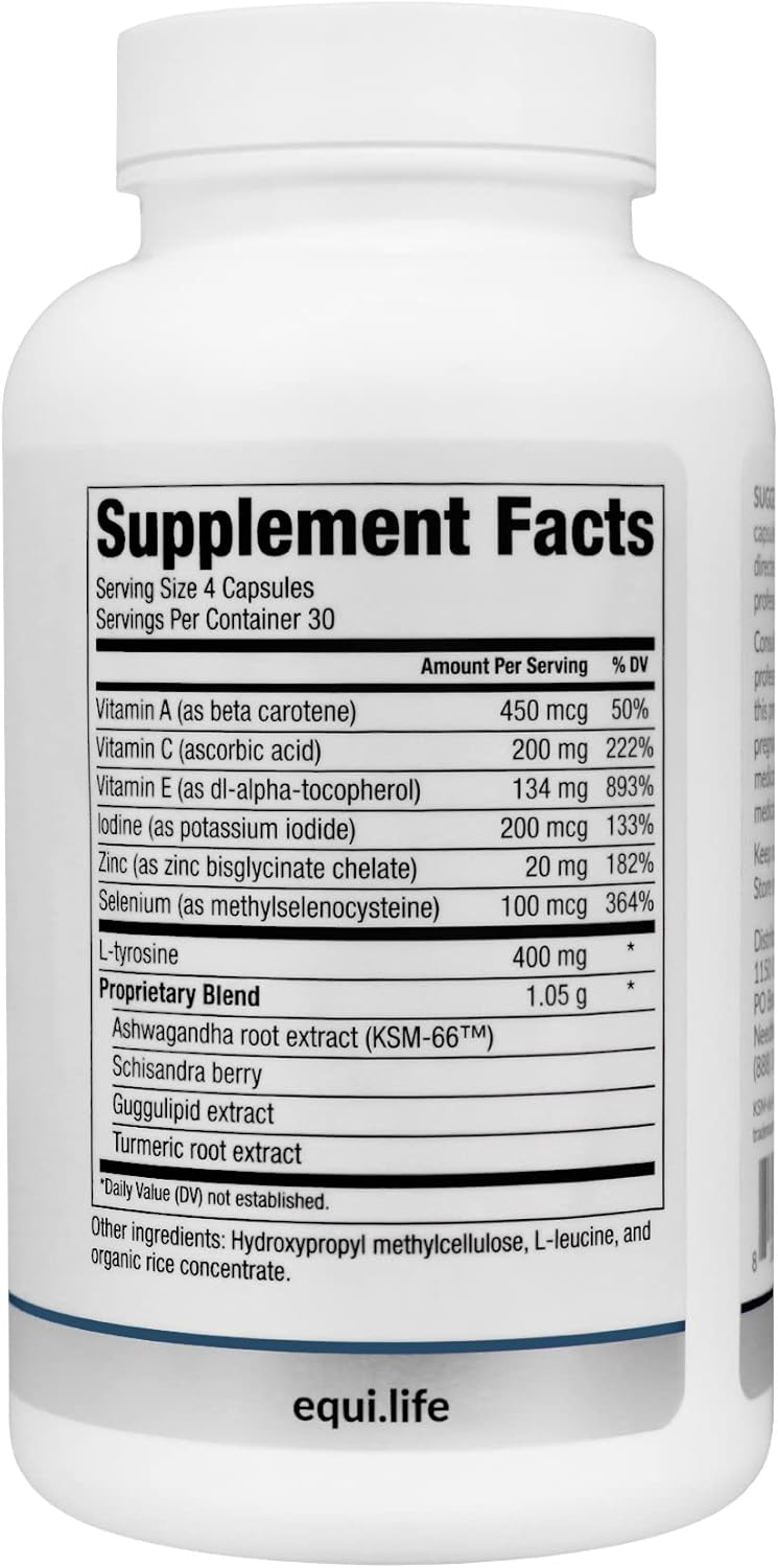Equilife Thyroid Support, Vitamins and Minerals Supplement with Vitamin C, Zinc, Vitamin E, Iodine, and Selenium, Adaptogens & Amino Acids Formula, Overall Wellness Support, Gluten Free, 120 Capsules
