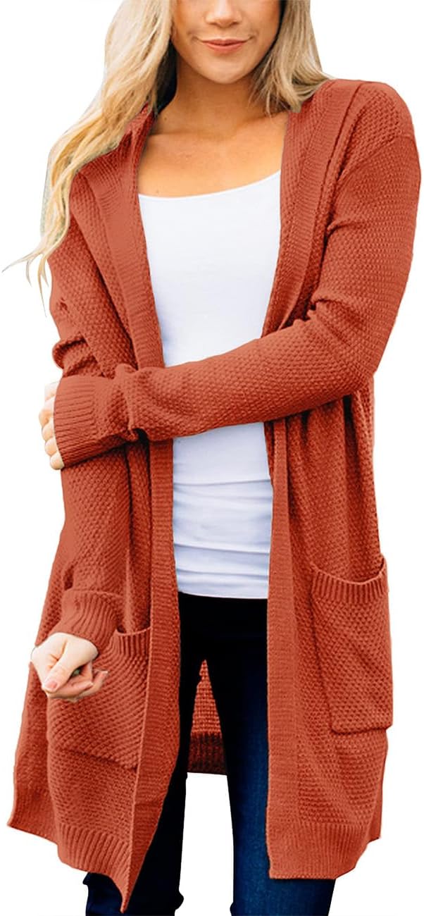 MEROKEETY Long Cardigans for Women 2026 Fall Winter Hooded Long Sleeve Open Front Sweaters with Pockets