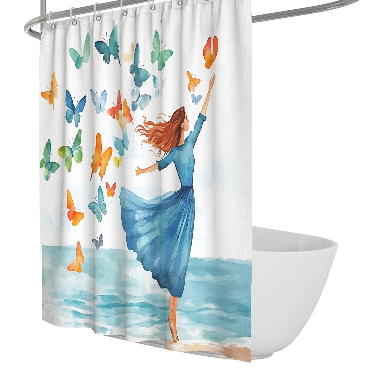UERWOWELL Romantic Fantasy Seaside Woman Pattern Prints Shower Curtain with Colorful Butterflies Flying Watercolor Fabric Bathroom Shower Curtain W200xL200 cm