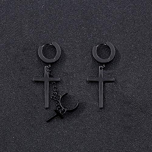 Unisex Gothic Punk Black Stainless Steel Asymmetric Cross Drop Huggie Hoop Earrings Piercing Jewelry Gift For Men Women Teens, Ear Cuff Clip With Dangle Cross Chain Cartilage Earrings (Black-Asymmetric Cross) #TOP3