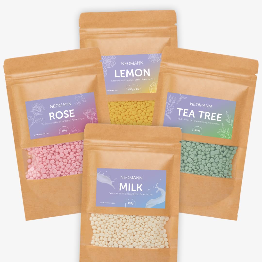 Waxing Pearls wosk do usuwania włosów, 450 g, drzewo herbaciane, mleko, cytryna, róża, twardy wosk lub wosk do bezbolesnego usuwania owłosienia (4 sztuki)
