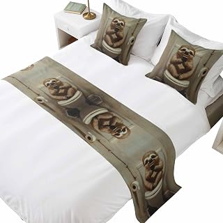3pcs Bed Runner Set, 83x20in, Funny Animal Sloth Sitting on Toilet Sloth Playing Phone Queen Bed Runner Scarf & 2 Pillowcases, Soft Bedding Scarves for Home Hotel Decorations