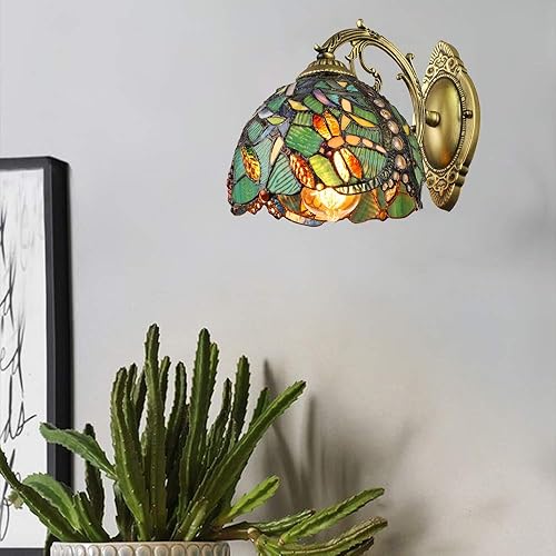 Miniatura 8 de LITFAD Aplique de pared de libélula turquesa aplique de pared de vidrieras 8 "de ancho una luz victoriana decorativa lámpara de pared para escalera