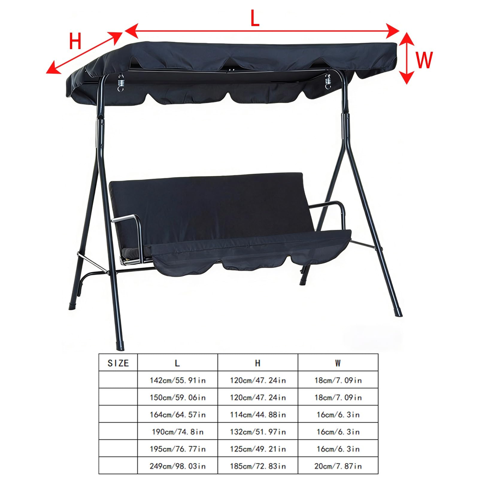 Toile de Balancelle de Jardin Extérieur, Toit de Rechange pour Balancelle 3 Places Imperméable Anti-UV, Multi-Tailles avec Bord Ondulé pour Terrasse Balcon 2/3Places(Black,249cm185cm20cm)