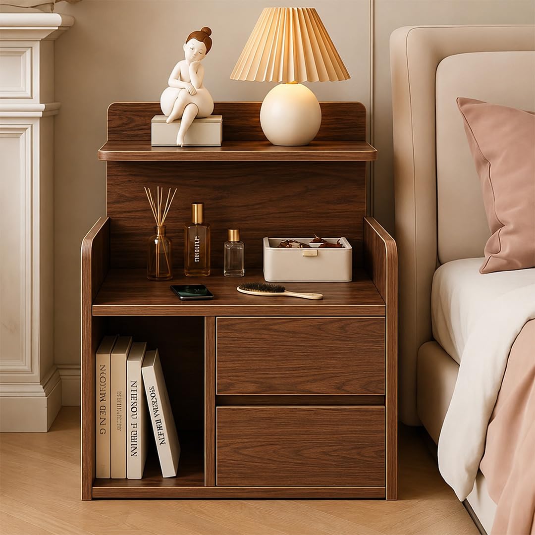 Wooden Bedside Table with 2 Drawers and Open Shelves, Walnut | Engineered Wood, Pre-Laminated Finish, Compact Footprint, Multi-Level Storage, Bedroom & Living Use-image-8