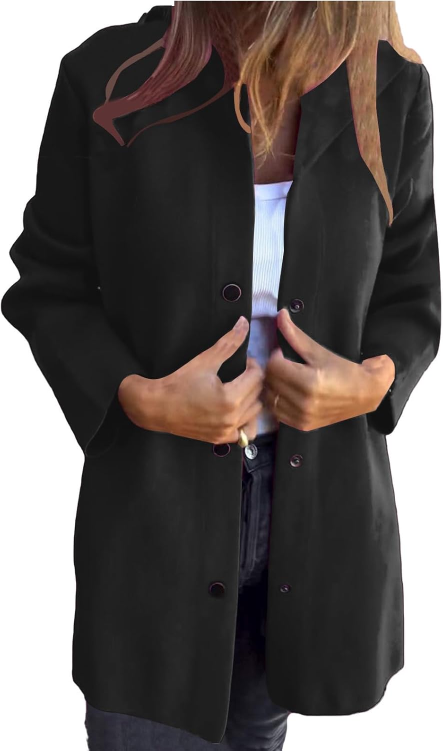 Womens Casual Hooded Jacket 2025 Lapel Lightweight Long Sleeve Button Up Overcoat Single-Breasted Hooded Jacket