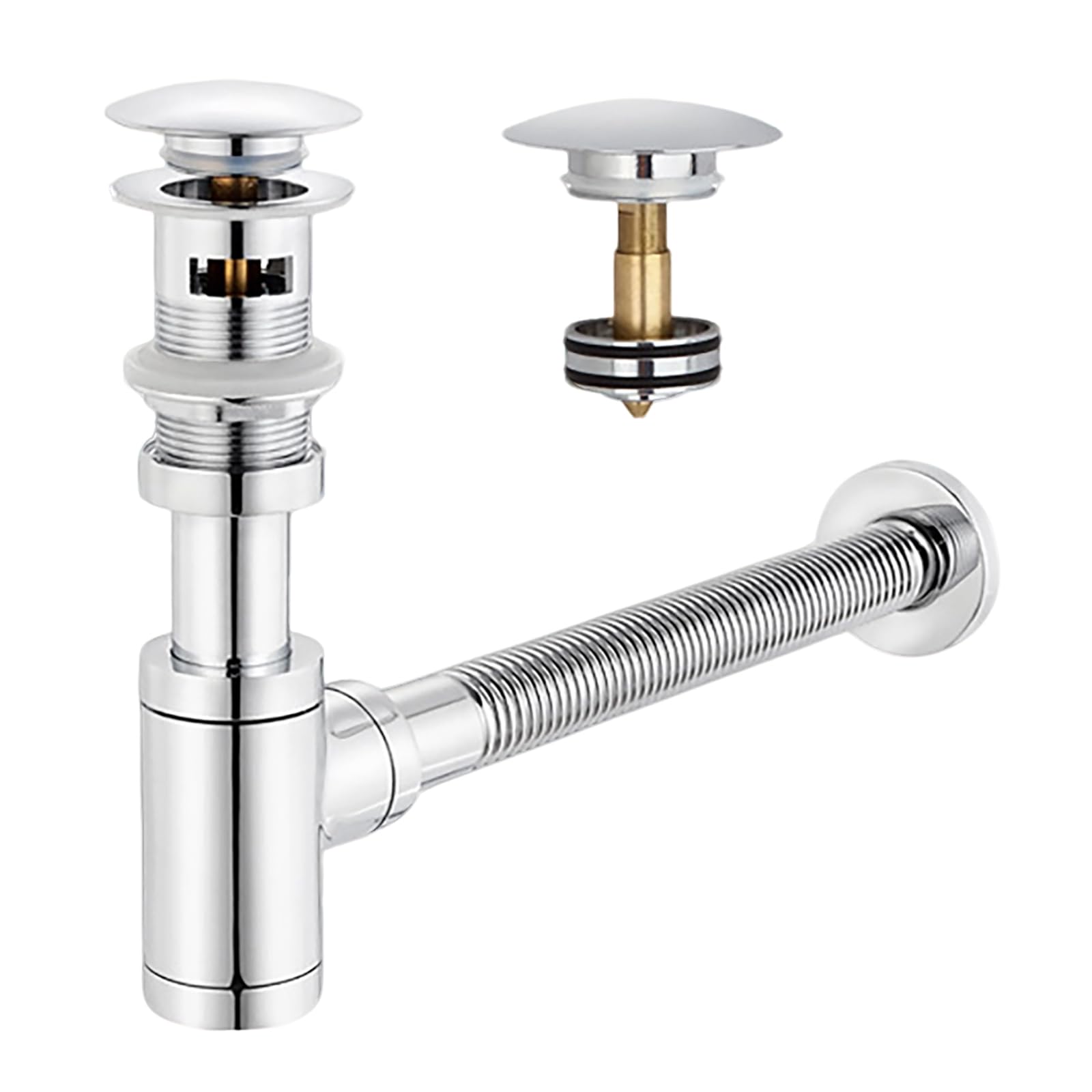 Siphon Waschbecken mit Pop Up Ablaufventil und Überlauf,Reinigungsöffnung,Flexibles Gewelltes Abflussrohr,Ablauf Garnitur Siphon Küchenspüle