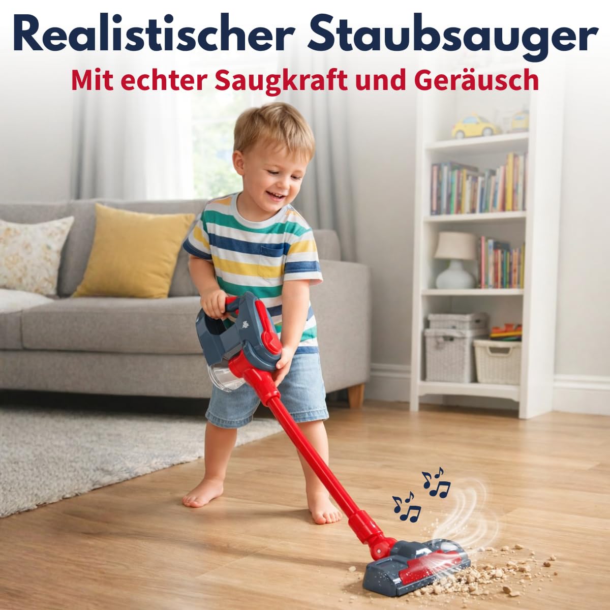 Dirt Devil Spielzeug Staubsauger 3-in-1 - Kinderstaubsauger mit 2 Aufsätzen - Funktionierende Saugfunktion und Realistische Geräusche - Für Jungen und Mädchen ab 3 Jahre - Kinderspielzeug - Rot/Grau