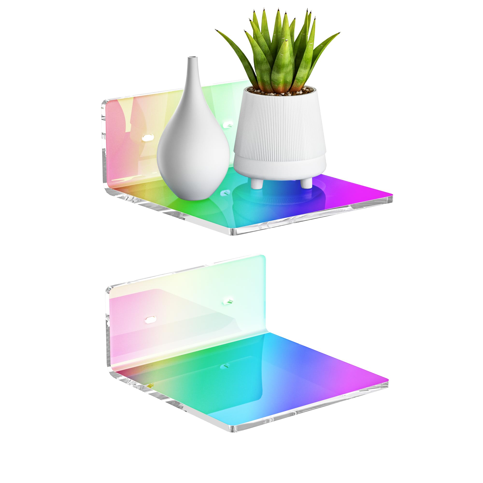 Sezanrpt 6 Inches Iridescent Acrylic Wall Shelves Set of 2, Wall Mounted Storage Display Shelves for Bedroom, Gaming Room, Living Room, Bathroom,