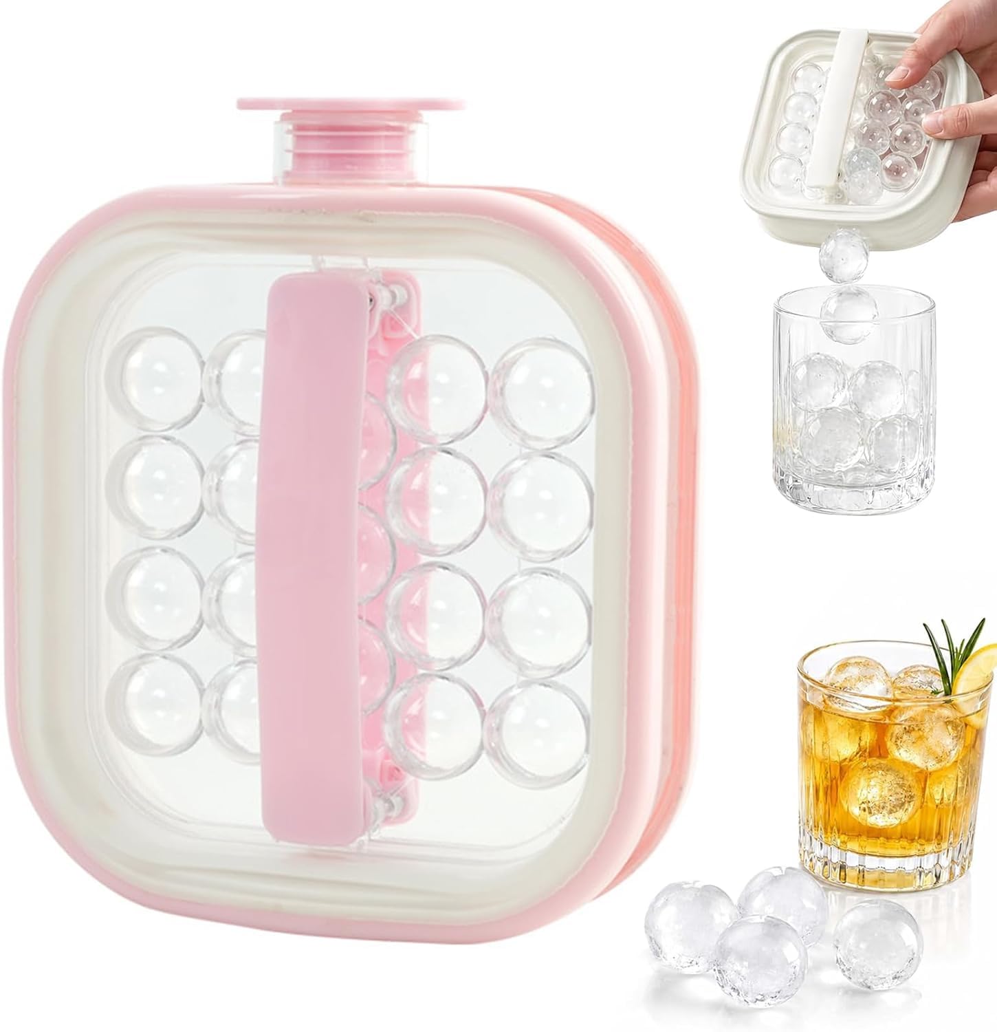 Portable Silicone Ice Ball Maker Kettle, 2-in-1 Silicone Ice Cube Tray Mold with Pull Handles, Ice Bottle for Whiskey, Cocktails, Travel, Camping & Home Bar, Red