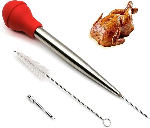 Juego de jeringa para cocina de Turquía, jeringa de acero inoxidable para Acción de Gracias, baster de carne con agujas y cepillo de limpieza