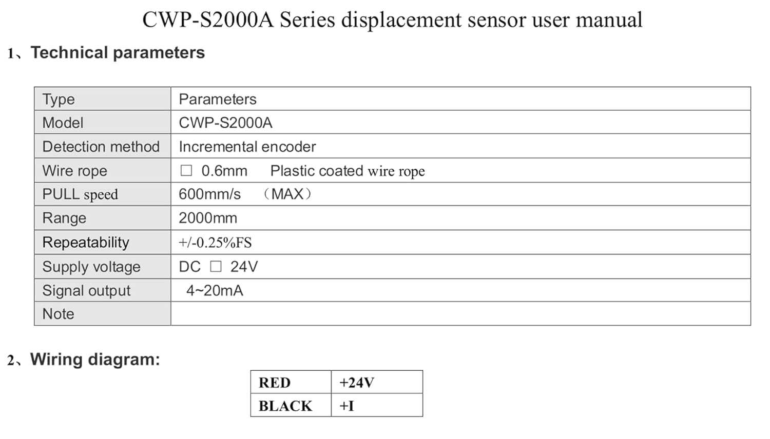 CALT 2000mm Draw Wire Encoder 24Vdc Supply 4-20mA Output