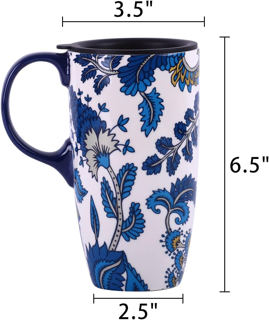 Topadorn Ceramic Mug with Lid and Handle,17oz. Tall Coffee Cup for Home,Party and Birthday,Blue Flower - Image 8