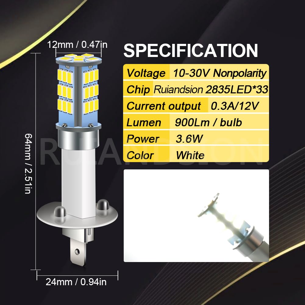 Ruiandsion 2 stuks H1 LED Mistlichtlamp 10-16V Super Helder 2835 18SMD 3000K Gele LED-lamp Vervanging voor Mistlicht of Dagrijlicht DRL