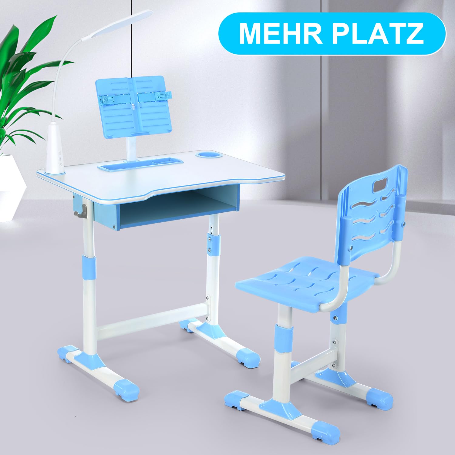 Kinderschreibtisch Set mit Bücherständer & LED-Licht, höhenverstellbarer Kindertisch und Stuhl mit Tischplatte & Schublade, Kinder Schreibtisch für Jungs & Mädchen (Blau), FA0021