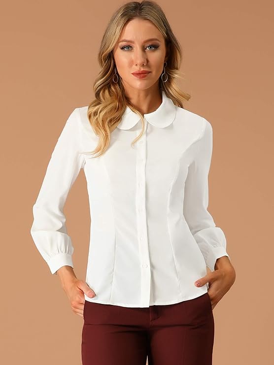 Women's Button Up Shirt Business Casual Career Peter Pan Collar Long Bishop Sleeve Blouse