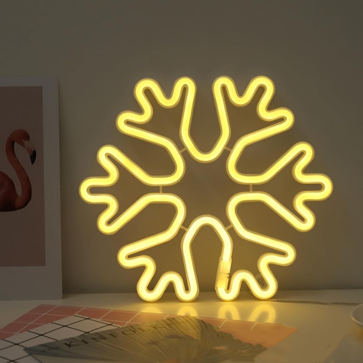 HFHungkeong Large Christmas Snowflake Decorations LED Neon Light Signs, Battery or USB Powered, Warm White/White, Plastic, Christmas Decorative Light, Neon Sign — image 1