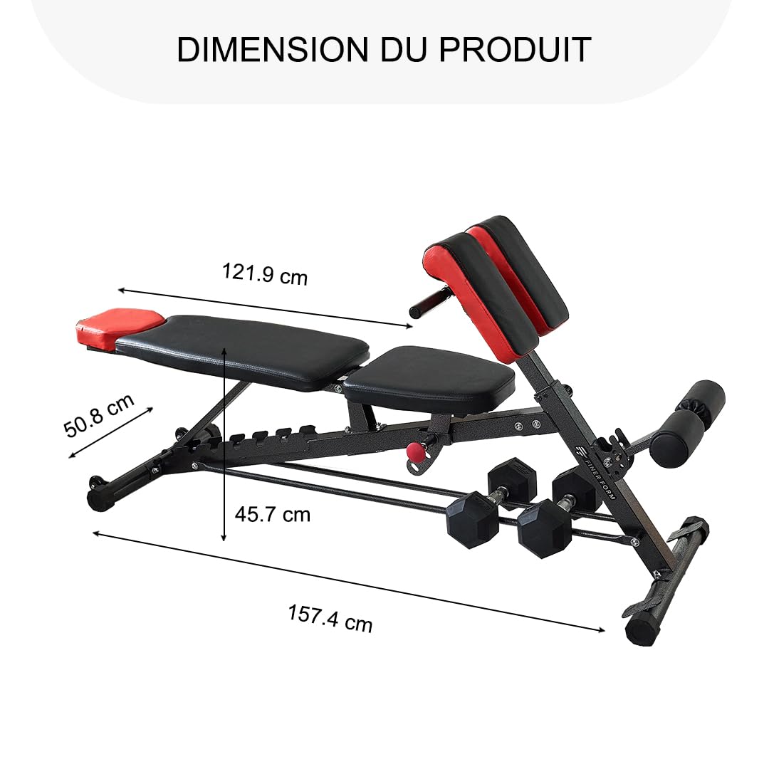 Finer Form Banc multifonction pour entraînement complet - tout-en-un - Extension lombaire, Chaise romaine, Banc de sit-up réglable - Incliné, plat et décliné - avec haltères ou pour développé couché