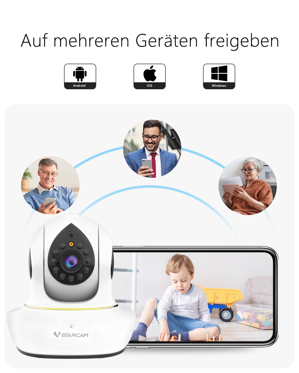 VSTARCAM 2K Überwachungskamera Innen, Interaktive Kamera für Hunde und Katzen mit Handy-App, 360° Linsenschwenkung und Neigung, Infrarot-Nachtsicht, Bewegungsverfolgung, 2-Wege-Audio