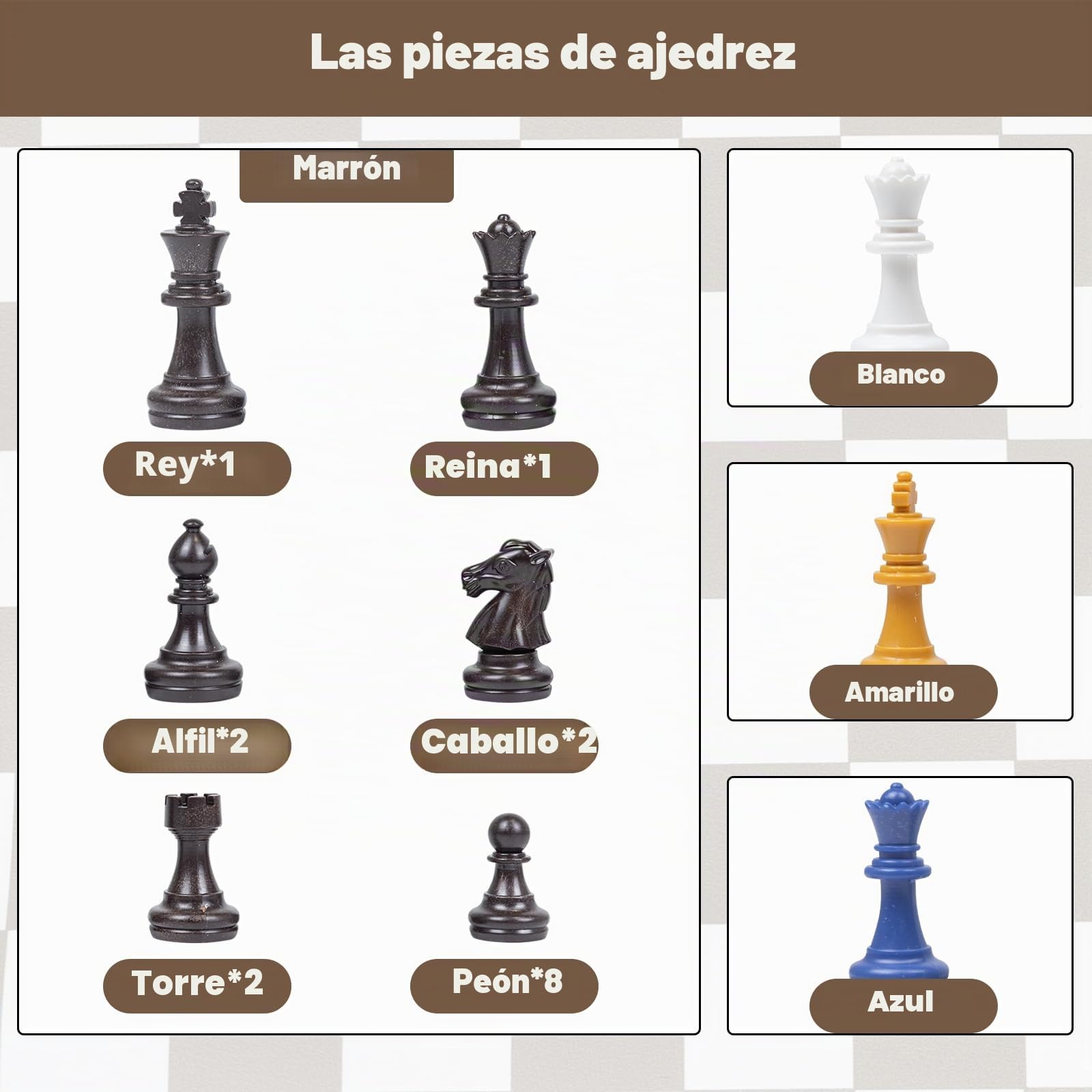 Juego de mesa de ajedrez para 3 o 4 jugadores, juego de ajedrez colorido de 64 piezas, juego de ajedrez para equipo con una alfombrilla de juego de cuero