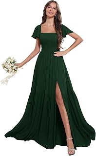 Bridesmaid Dresses Maxi Pleated Formal Wedding Guest Dress Chiffon Ruffle A line Evening Party Gowns with Slit